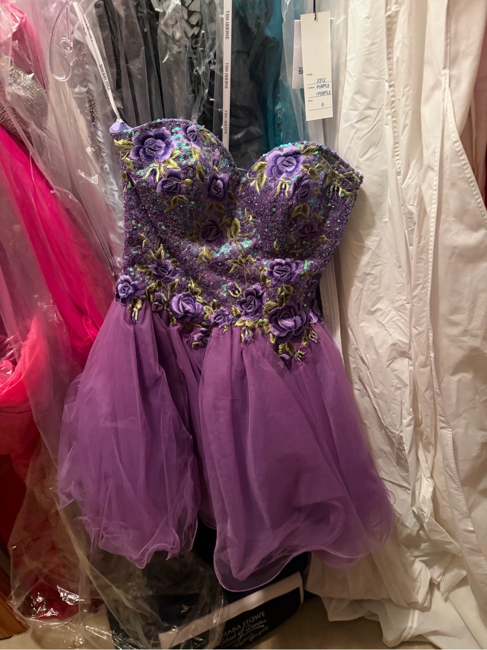Sherri Hill Purple Strapless Embroidered Tulle Prom Dress